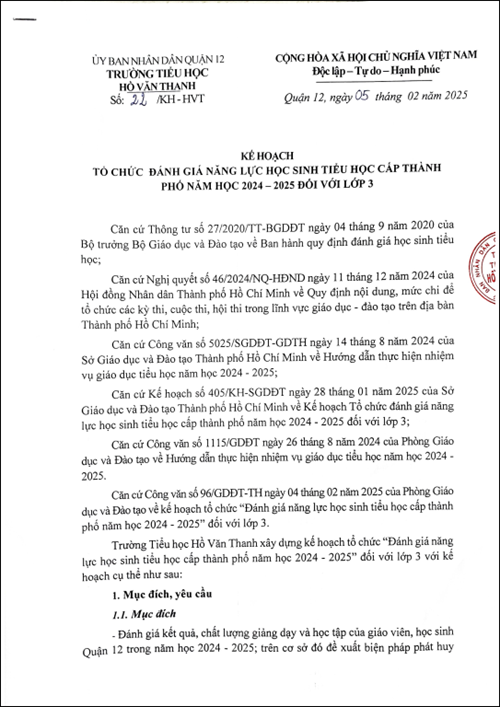 Kế hoạch tổ chức đánh giá năng lực học sinh tiểu học cấp thành phố năm học 2024 - 2025 đối với lớp 3
