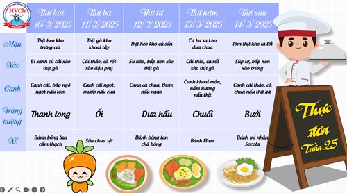 Trường Tiểu học Huỳnh Văn Chính giới thiệu Thực đơn tuần 25 dành cho học sinh bán trú năm học 2024-2025.