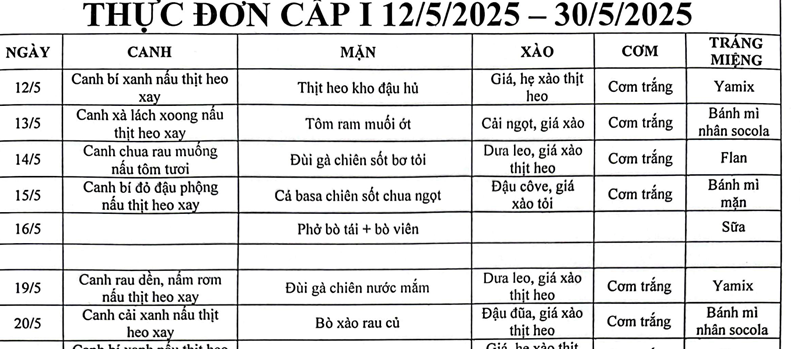 Thực đơn bán trú
