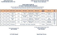 Trường tiểu học Lê Đức Thọ kính gửi quý phụ huynh và thầy cô giáo thực đơn tuần 36 năm học 2024 -2025