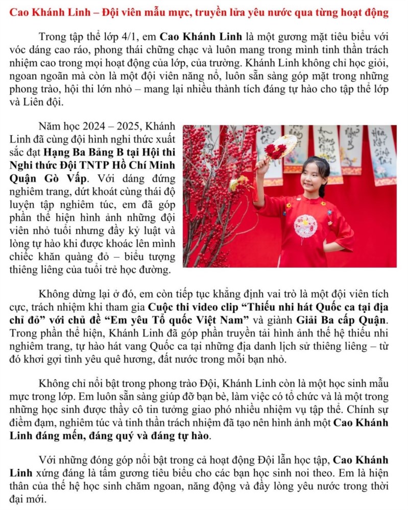Chức mừng em cao khánh linh lớp bốn 1 - đội viên mẫu mực, chăm ngoan, năng động, đáng mến và đáng tự hào