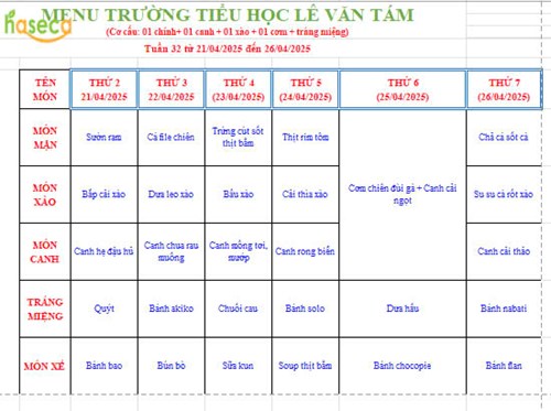 Thực đơn tuần 32 từ ngày 21/4/2025 đến ngày 26/4/2025