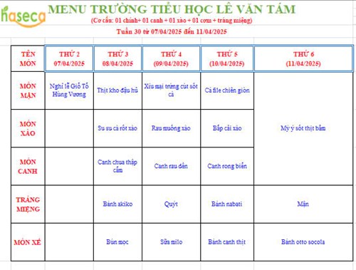 Thực đơn tuần 30 từ ngày 07/4/2025 đến 11/04/2025