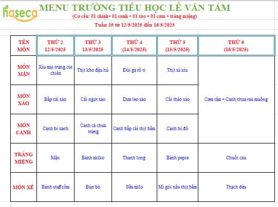 Thực đơn tuần 35 từ ngày 12/5/2025 đến ngày 16/5/2025