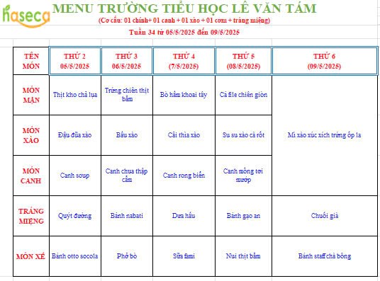 Thực đơn tuần 34 từ ngày 05/5/2025 đến ngày 09/5/2025
