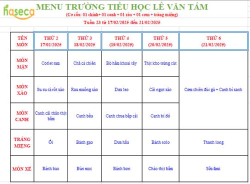 Thực đơn tuần 22 từ ngày 17/02/2025 đến ngày 21/02/2025
