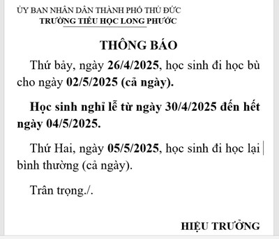 Thông báo lịch nghỉ lễ ngày Chiến thắng 30/4 và ngày Quốc tế lao động 01/5 năm 2025.