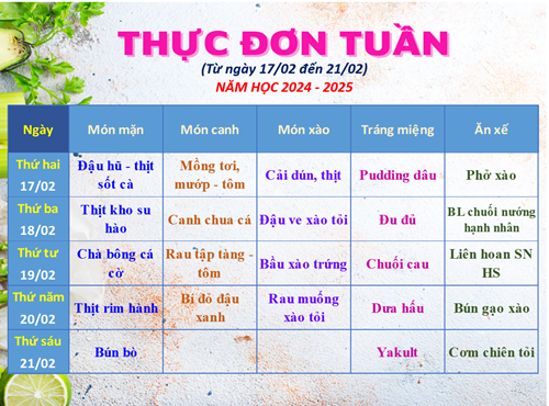 Thực đơn Tuần (từ ngày 17/02 đến ngày 21/02) - Năm học 2024 - 2025
