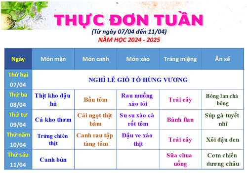 Thực đơn Tuần (từ ngày 07/4 đến ngày 11/4) - Năm học 2024 - 2025