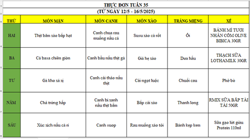 Thực đơn tuần 35 từ ngày 12/5 đến ngày 16/5/2025