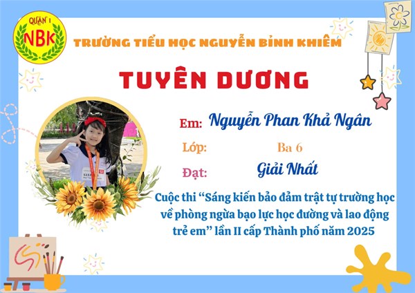 Trường Tiểu học Nguyễn Bỉnh Khiêm vinh danh và chúc mừng em Nguyễn Phan Khả Ngân - Lớp Ba 6