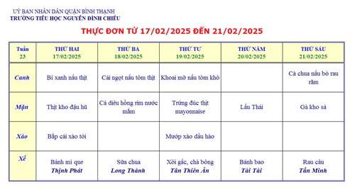 Thực đơn bán trú từ 17/02/2025 đến 21/02/2025
