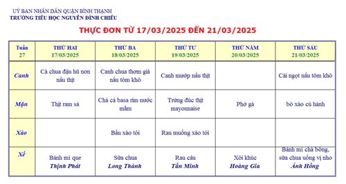 Thực đơn bán trú từ 17/03/2025 đến 21/03/2025