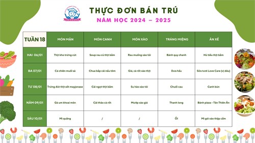 Thực đơn bán trú Năm học 2024-2025 - Tuần 18