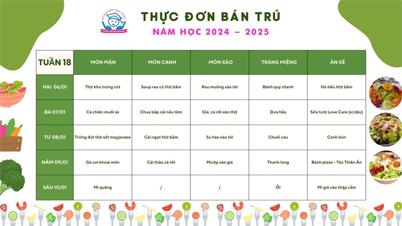 Thực đơn bán trú Năm học 2024-2025 - Tuần 18