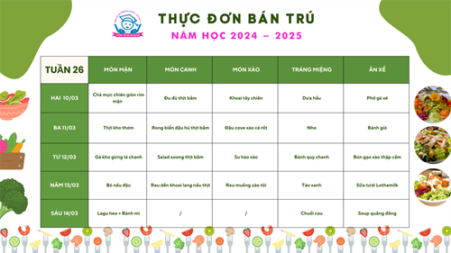 Thực đơn bán trú Năm học 2024-2025 - Tuần 26