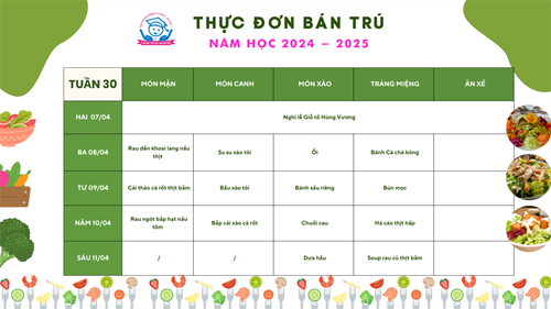 Thực đơn bán trú Năm học 2024-2025 - Tuần 30