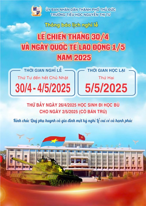 Thông báo lịch nghỉ lễ  Lễ Chiến thắng 30/4  và   Ngày Quốc tế Lao động 01/5  năm 2025