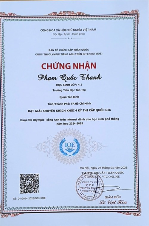 Kết quả Hội Thi IOE - Violympic Tiếng Anh trên Internet Cấp quốc gia - Năm học 2024 - 2025