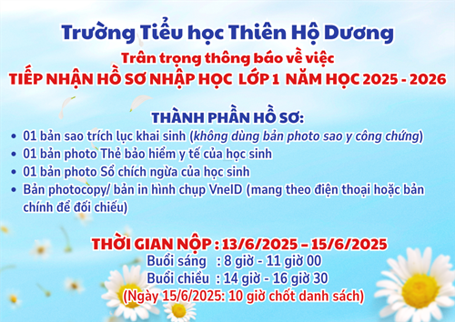 Thông báo về việc tiếp nhận hồ sơ nhập học Lớp 1 năm học 2025 - 2026
