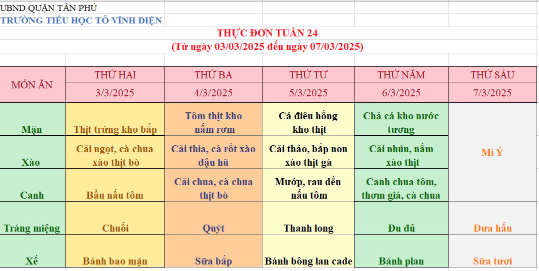Thực đơn bán trú Tuần 24 (Từ ngày 03/03/2025 đến ngày 07/03/2025).
