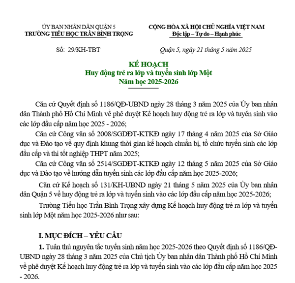 KẾ HOẠCH
Huy động trẻ ra lớp và tuyển sinh lớp Một
Năm học 2025-2026