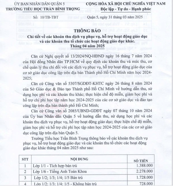 Thông báo thu tháng 04 năm 2025