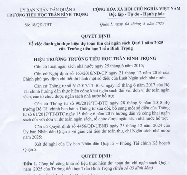 Công khai tình hình thực hiện thu chi dự toán ngân sách nhà nước quý 1 năm 2025